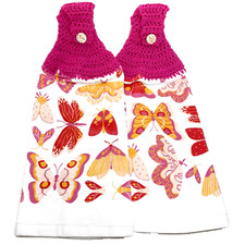Butterfly Moth Hanging Kitchen Towel Set Crochet Top Colorful Print Pink Red