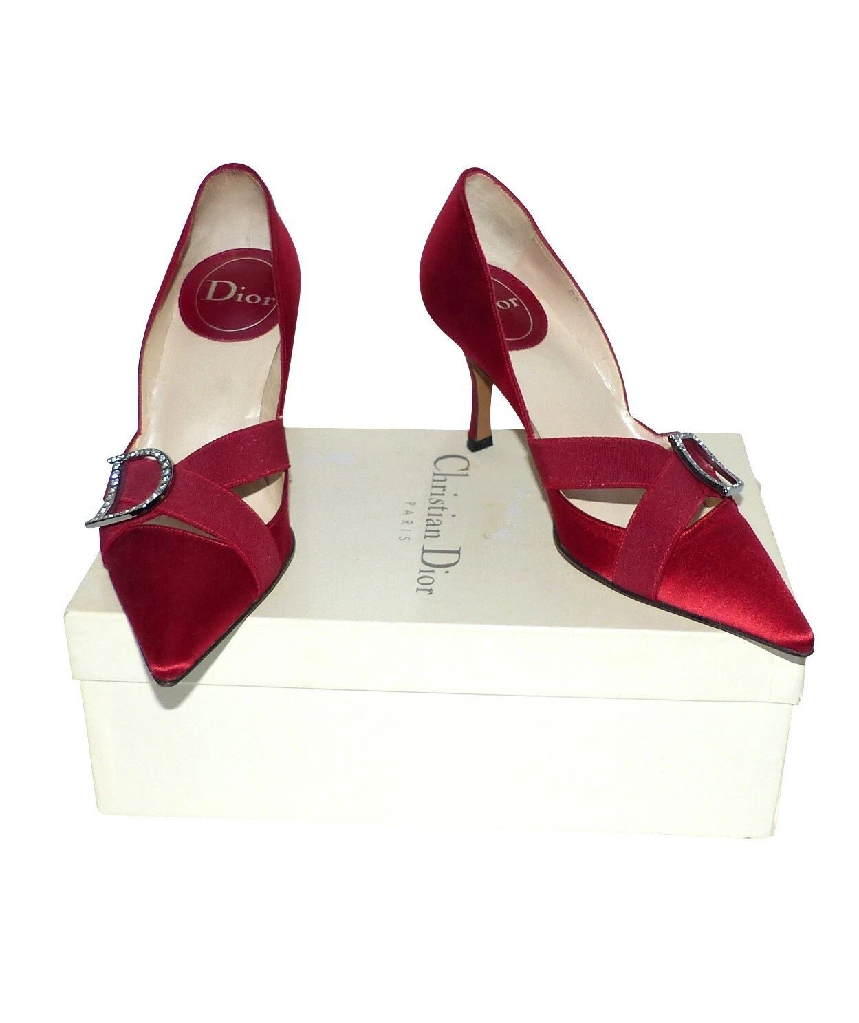 DIOR ESCARPINS VINTAGE SOIE ROUGE HERMES BOUCLE STRASS   red silk Dior shoes