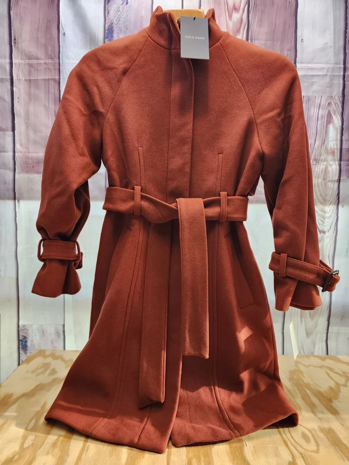 COLE HAAN Raglan Melton MUJERES Talla 2 Naranja MEZCLA DE LANA Abrigo con Cremallera Cinturón Nuevo con Etiquetas Foto 3 de 4