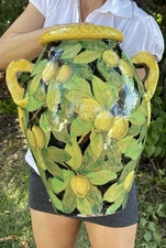 Antique Italian Majolica Lemon Fruit 15.5" Planter Handle Floor Vase Oil Jar