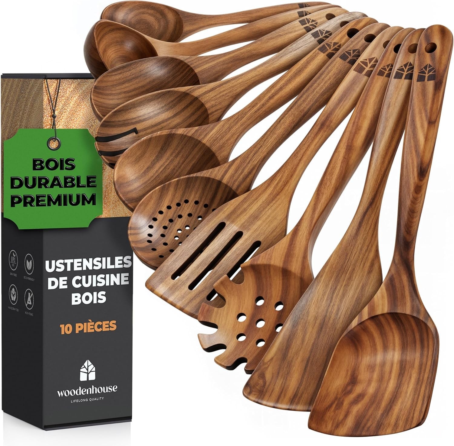 Ustensiles de cuisine bois coffret de 10 pièces idée cadeau pendaison de crémaillère