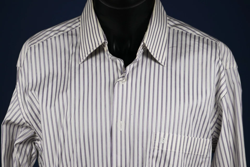 Camisa de Vestir Balmain Rayas L 41-42 Pecho 46" B Monograma Logo Botón L/S Bolsillo Foto 3 de 4