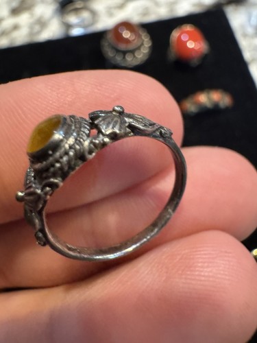 Silver Ring Lot Used Patina Turquoise, Carnian, Coral, Tigers Eye Assorted Sizes - Picture 8 of 15