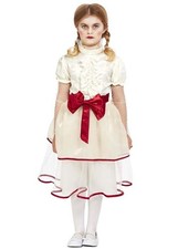 Kids Annabelle Style Scary Doll Childrens Fancy Dress Horror Movie Costume White
