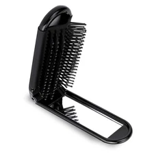 Portable Foldable Hair Brush w/ Mirror – Mini Travel Comb for Purse/Car (Black