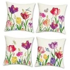 Spring Floral Pillow Covers 18 x 18 Inch Set of 4 Farmhouse Garden Tulip