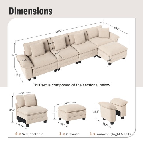 Modular Sectional Sofa Corduroy Cloud Couch with Chaise and Cushion 1/4/5/6-Seat - Picture 21 of 35
