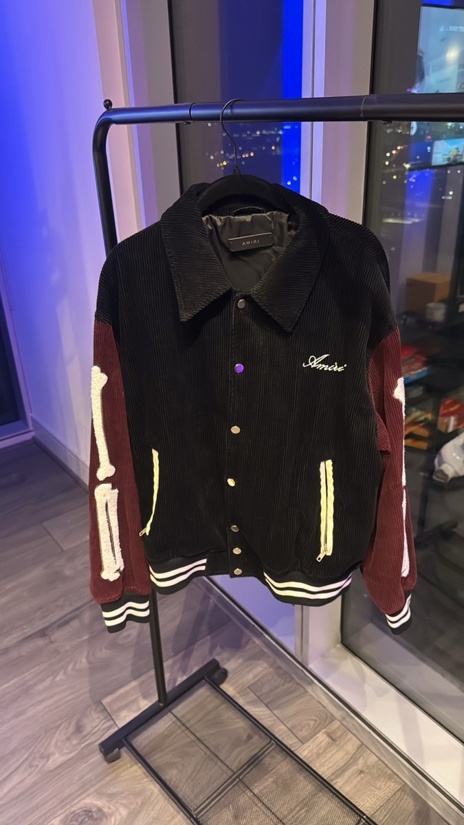 AMIRI Skeleton Bone Varsity Jacket Black Burgundy Embroidered Logo