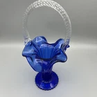 Vintage Fenton Cobalt Blue Glass Basket With Twisted Clear Handle Signed 9”