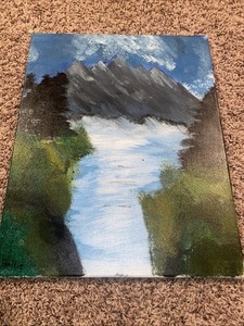 Mountains & Stream landscape, Forest, Handmade Painting on Canvas ￼
