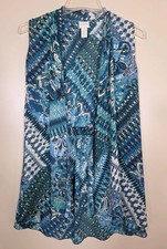 Chico's Darma Paisley Open Front Vest Teal Flowy Chifon Waterfall Hem Size 0 S 