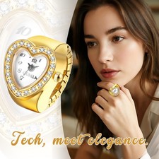 Heart Rhinestone Elastic Quartz Finger Ring Watch Stainless Steel Band for Women
