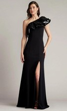 Tadashi Shoji Black Roni One-Shoulder Taffeta Ruffle Gown Dress Size Large 458