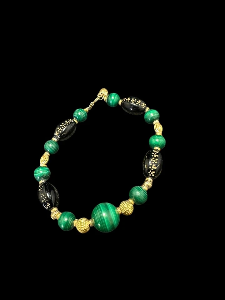 Pulsera firmada 14k O malaquita múltiples piedras preciosas con cuentas 7 3/4 pulgadas Foto 2 de 4