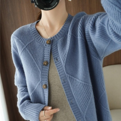 Cashmere Blend Cardigan Women 2022 Spring Sweater Slim Round Neck Knitted Tops