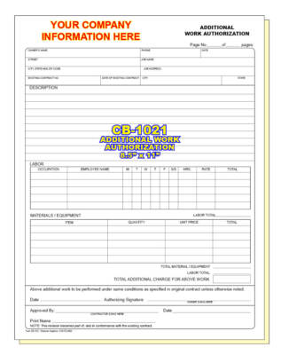 ADDITIONAL WORK ORDER AUTHORIZATION 2 or 3 Part Carbonless | eBay