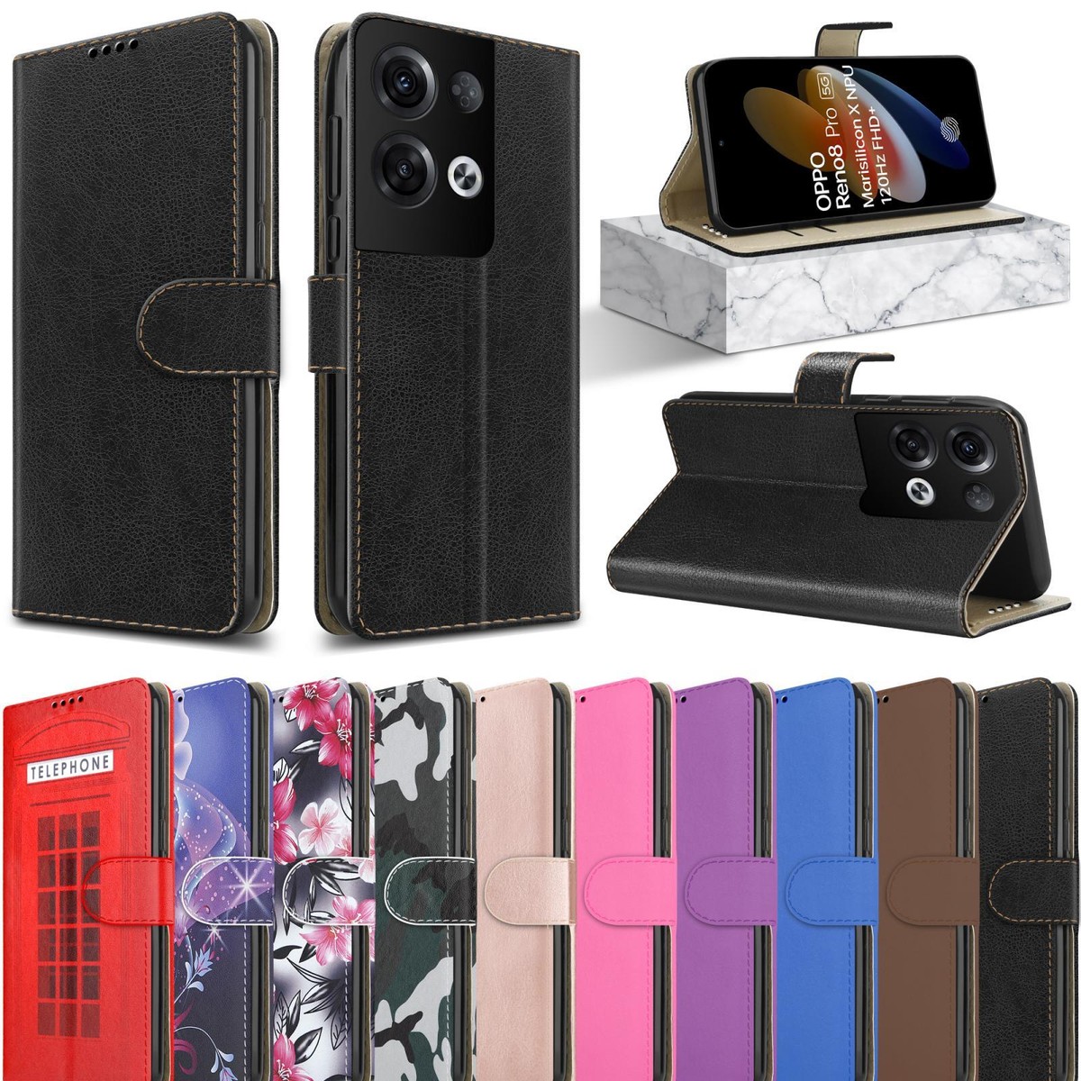 DENDICO Cover per Oppo Reno 8 PRO 5G, Premium Portafoglio PU Custodia in PU Pelle, Flip Libro TPU Bumper Caso per Oppo Reno 8 PRO 5G, Nero
