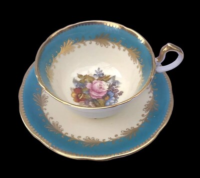 Aynsley Tasse & Untertasse Cabbage Rose C993 Türkis TADELLOS J A Bailey signiert