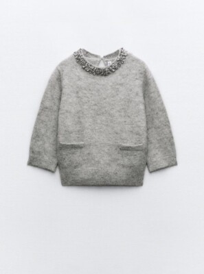 ZARA WOMAN GREY WOOL KNIT SWEATER WITH RHINESTONES NECK FRONT