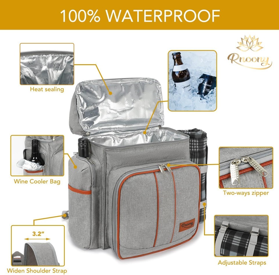 Rnoony Picnic Backpack for Camping, Picnic Basket for 2 with Insulated
