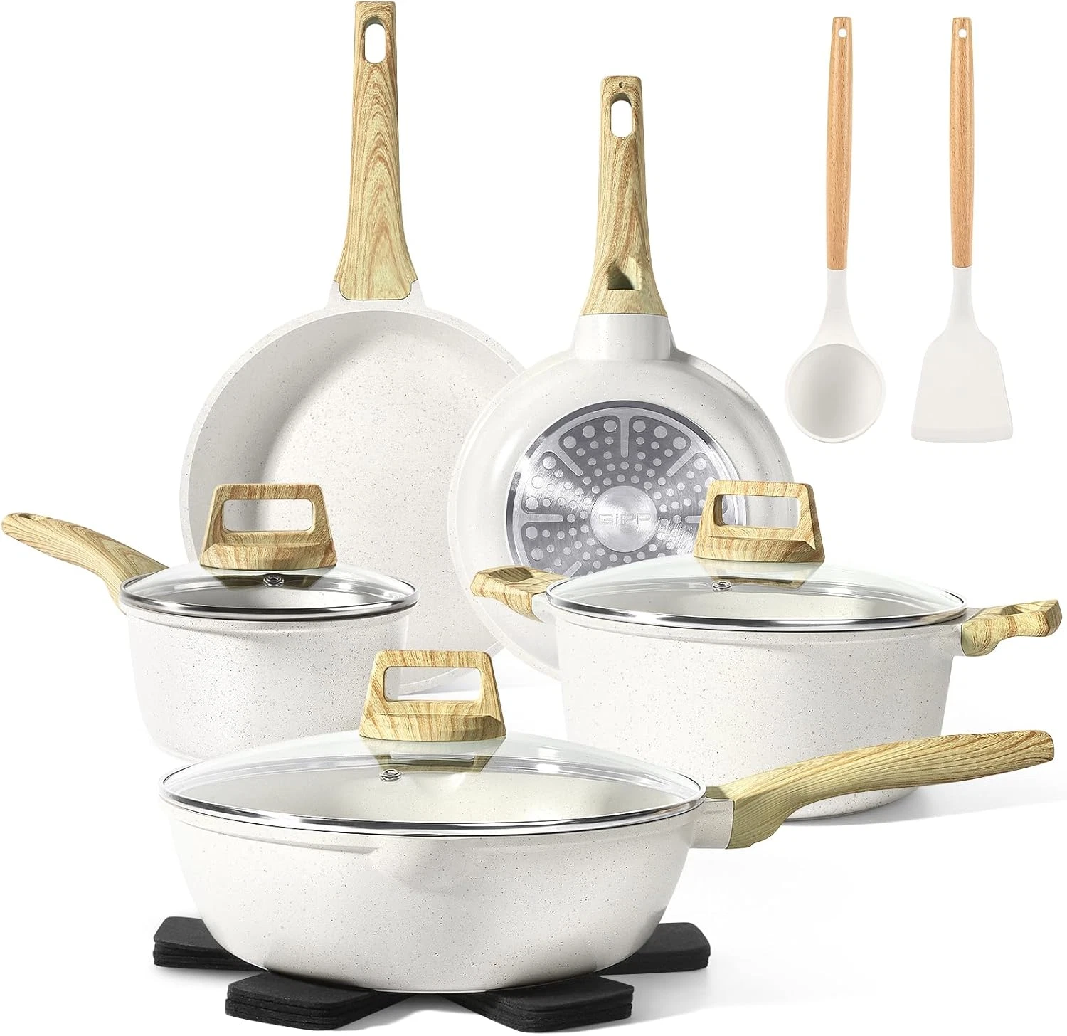 Pots and Pans Set Non Stick - 14 Pcs White Granite Kitchen Cookware Sets Nonstic