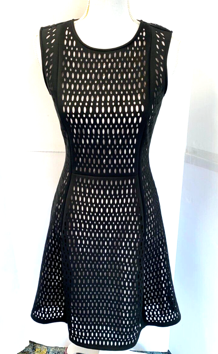 Karl Lagerfeld Paris Fit And Flare Dress Laser Cut Size 4 Black Fully Lined