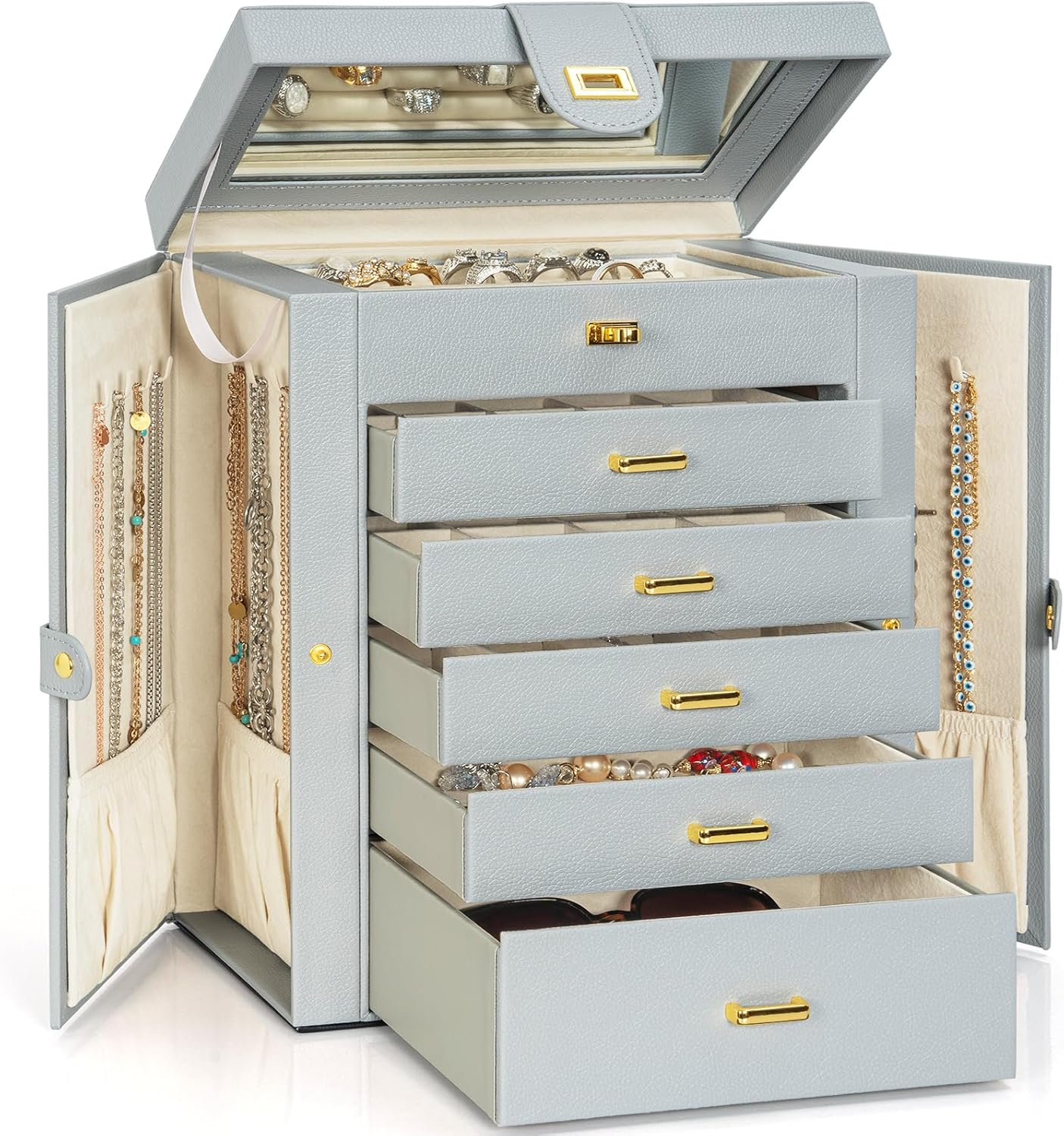 Large Jewelry Box Organizer Functional Lockable with Big Mirror Leather