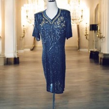 Vintage Silk Cocktail Dress Size 14 Blue Gold Beads Sequin Formal Elegant Sheath