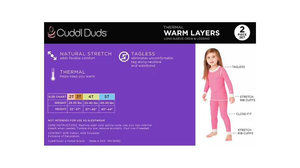 Brand New Toddler Girls Cuddl Duds Thermal 2 Piece Baselayer Set 2T/3T, 4T, 5T - Image 3 of 3