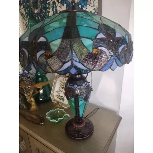 Tiffany Style Table Lamp Victorian Blue Amber Mission Lighted Base 24.5"Tall New - Picture 9 of 24