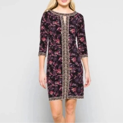 Maggy London Black/Berry Floral Marnie 3/4 Sleeve Knit Shift Dress 12 NWT