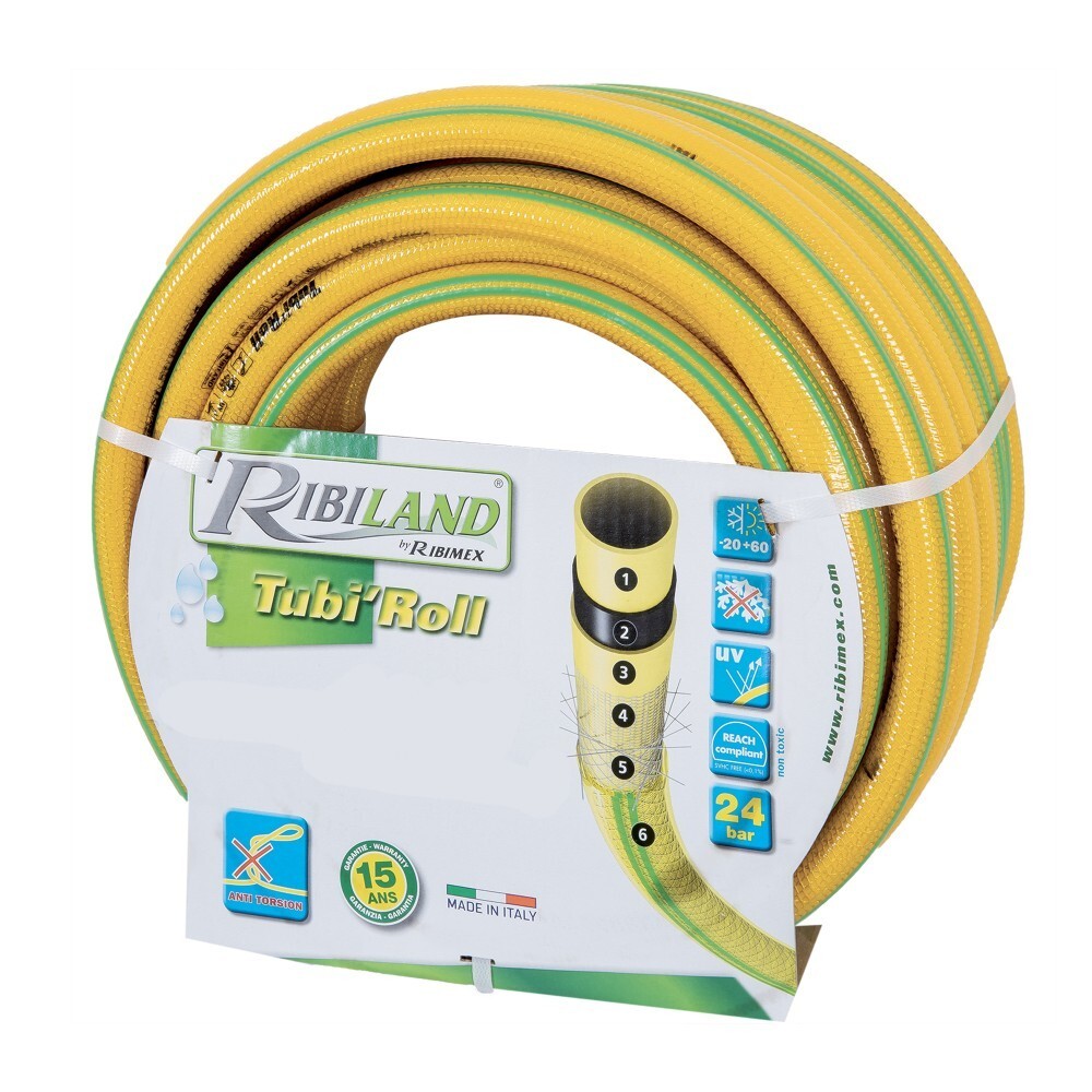 Tuyau d'arrosage RIB TUBIROLL tricoté jaune 25m diam 19mm pour jardin