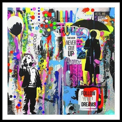 Einzelstück! Motiv Banksy Motivation Collage gerahmt schwarz 100x100 cm Pop Art