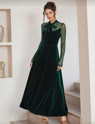 Dark Green Velvet Maxi Dress with Lace Sleeves and Ribbon Bow Neckline | eBay Dark Green Velvet Maxi Dress with Lace Sleeves and Ribbon Bow Neckline | eBay
