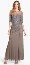Adrianna Papell Beaded Illusions Sequin Bodice Mesh Lead Color Gown Dress Sz 12