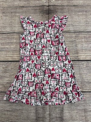Girls White Pink Black Cat Print Sleeveless A-Line Ruffle Hem Dress