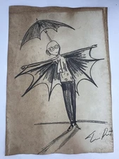 Tim Burton COA Art Painting Original Drawing Vintage Paper Signed