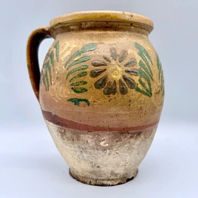 Southeastern PA Antique Folk Art Redware Pitcher Jar Hand Painted Floral Pottery - Image 1 of 4