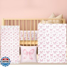 HunnmingRe Baby Pink Bow Crib Bedding Set 3 Pcs Crib Set Baby Blanket, Fitted