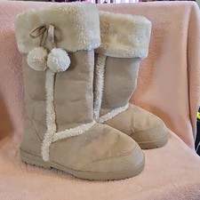 Faux Suede Fur Trim Pom Pom Mid-Calf Snow Boots Beige Pull On 8 Women