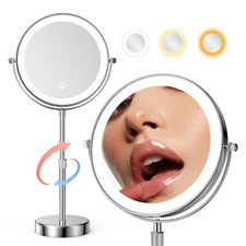 Lighted Makeup Mirror Tabletop, 10X Magnifying Mirror with 3 Color Lights, Br...