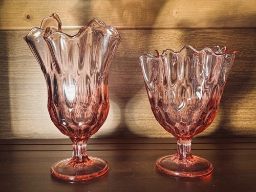Fenton Art Glass Lilly Of The Valley Set. Hankercheif Pink Vases.