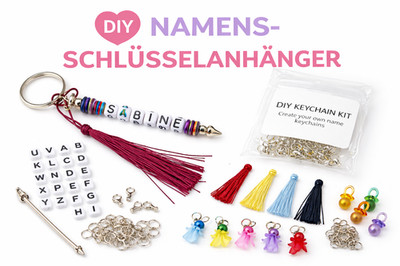 DIY Namens-Schlüsselanhänger SET mit Perlen & Charms Edelstahl Bastel 70+ Teilig