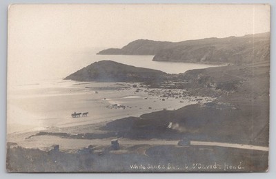 White Sands Bay St Davids Head RPPC Pembrokeshire Pferdewagen Autos am Strand