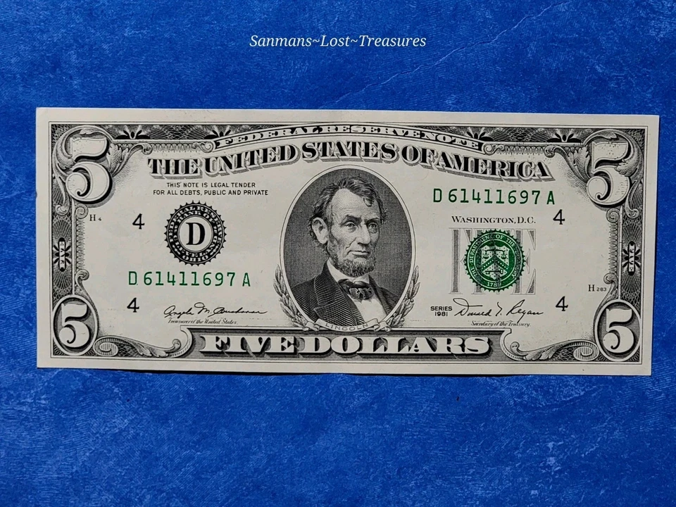 $5 Five Dollar 1981 Federal Reserve Note (UNCIRCULATED) CRISPY NOTE #D61411697A - Image 2 of 4