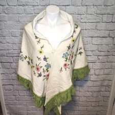Vintage Piano Shawl Wrap Cream Wool Handmade Multicolor Embroidered Flowers Flaw