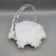 Fenton Silver Crest Spanish Lace Basket White Milk Glass Ripple Rim Glassware