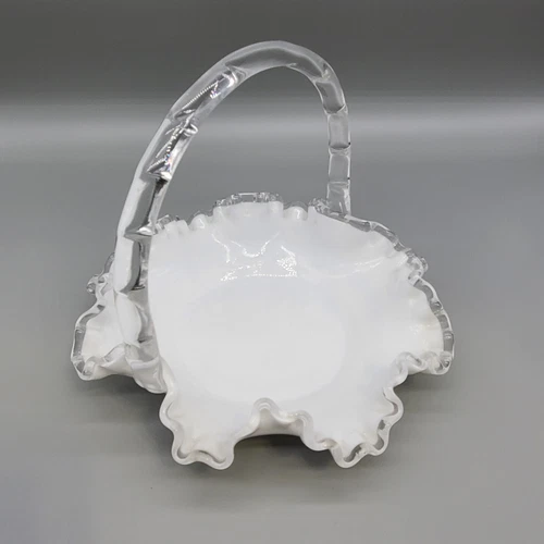 Fenton Silver Crest Spanish Lace Basket White Milk Glass Ripple Rim Glassware