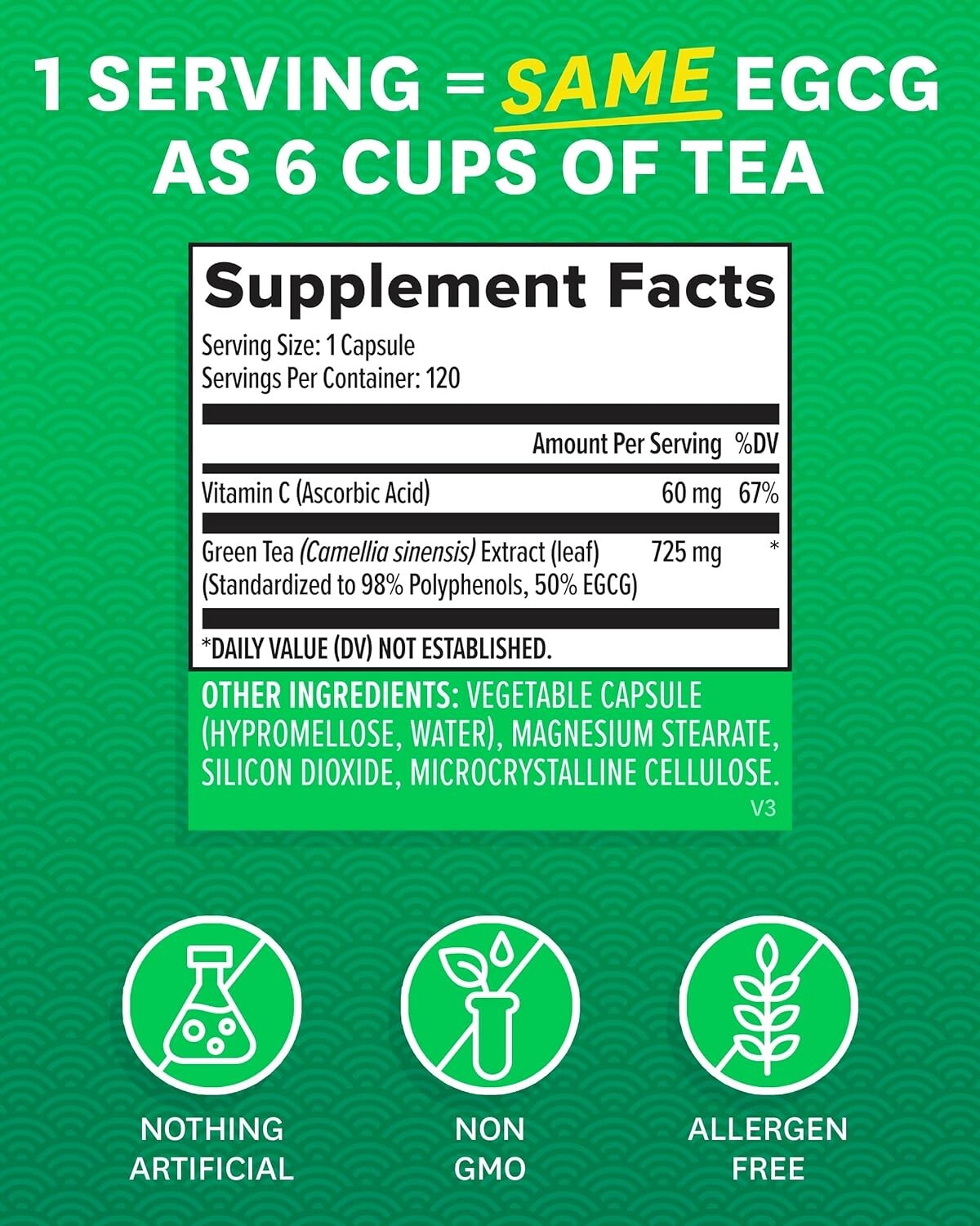 Green Tea Extract - Memory, Metabolism, Heart & Energy Support - 120 Count
