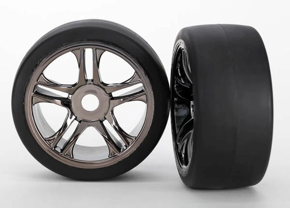Traxxas XO-1 S1 Slick Tires/Black Chrome Split Spoke Wheels (Assembled, Front) - Image 1 of 1